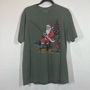 Comfort Colors Green t-shirt Fishing Santa Clause Size L